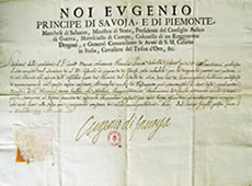 Salvacondotto di Eugenio di Savoia, con firma autografa, datato 1705 e conservato presso la Biblioteca civica centrale di Torino. Come tutti i documenti antichi e rari conservati presso la Biblioteca, anche questo è stato microfilmato oltre che fotografato in digitale.