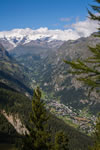 Salendo alla Punta Regina il gruppo del Monte Rosa e l'abitato di Gressoney St.-Jean nel fondovalle.